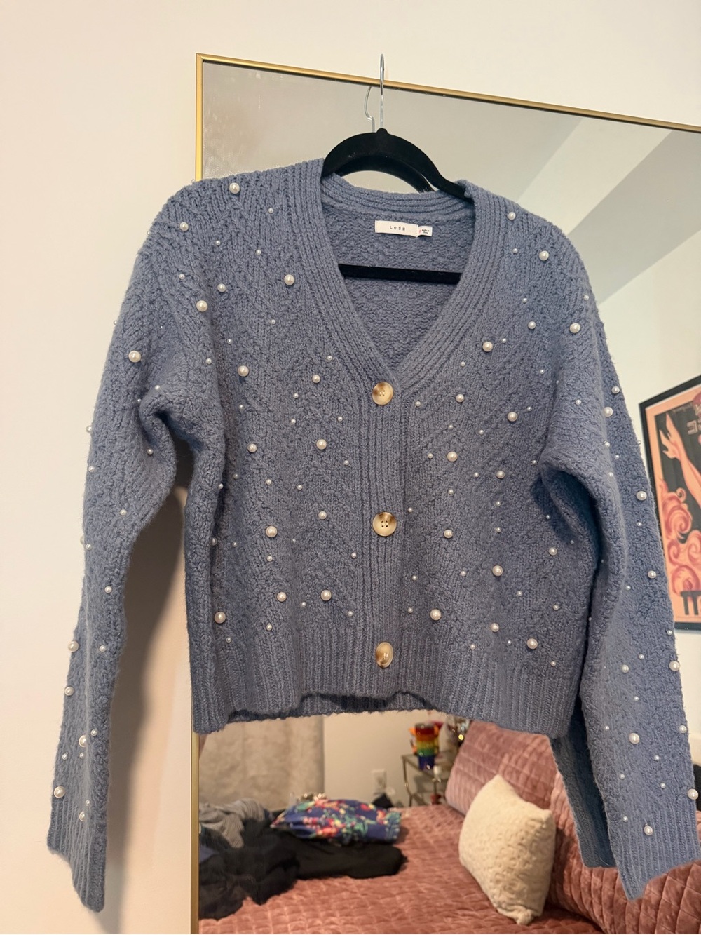 Lush Slate Blue V-Neck Pearl-Embellished Cardigan | size Small